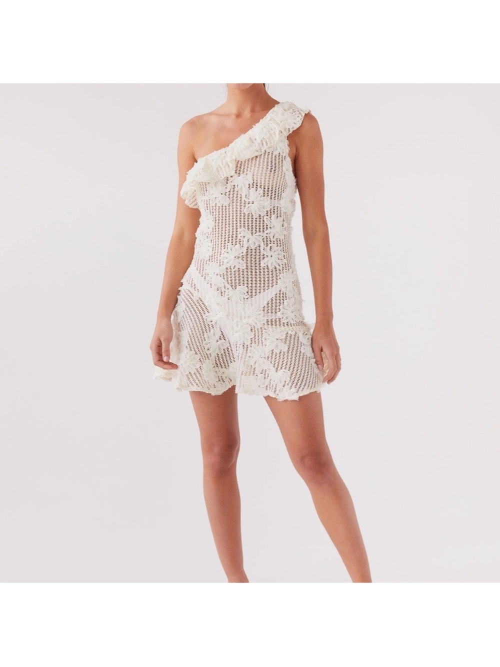 Peppermayo Juliette mini dress / Ivory One-Shoulder Crochet Floral Midi Dress